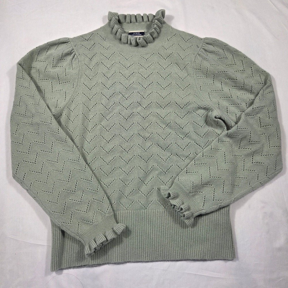 J.Crew Cashmere Ruffle Mock Neck Pointelle Chevron Sweater Sage Green Small